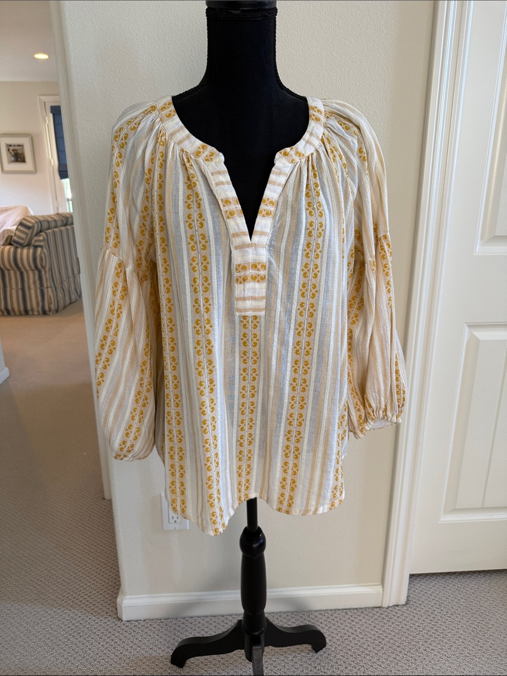 Velvet by Graham & Spencer Yellow and White Striped Embroidered Boho Blouse - Picture 6 of 13